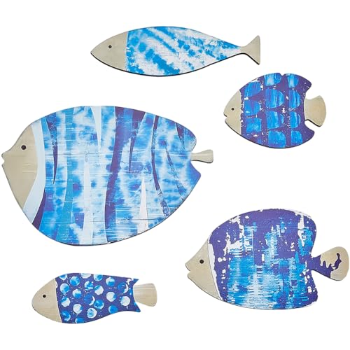 CREATCABIN 5 Stück Wanddekoration Holz Mit Fischen Nautische Stranddekoration Hölzerne Küsten/Ozean Wandkunst Dekor Vintage Dodger Blaufisch Skulpturen Aufhängen An Der Wand Ornamente Mit Aufklebern von CREATCABIN