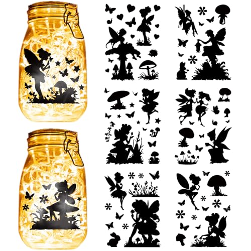 CREATCABIN 6 Blatt 6 Stile Einmachglas Feen Aufkleber Lasergeschnitten Feen Silhouetten Engel Wasserdicht PVC Laserausschnitte Aufkleber Scrapbook Karton Für Gläser Laternen Milchglas Dekor 20x15cm von CREATCABIN