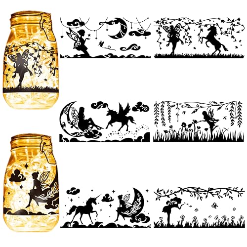 CREATCABIN 6 Stück Feen-Silhouetten,Einmachglas-Dekoration,Engelslaterne,Laserausschnitte,Ornamente,Einhorn-Ranke,Sammelalbum Für Milchglas,Wand,Fenster,Autos Weihnachten,Schwarz,20x9cm-Ohne Aufkleber von CREATCABIN