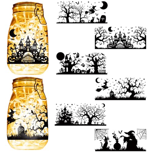 CREATCABIN 6 Stück Halloween Silhouetten Glasdekor Einmachglas Ausschnitte Hexenschloss Laternenglas Scrapbook Verzierung wasserdichte PVC Lampenfolien Für Glasgefäße DIY Bastelarbeiten 9x20cm von CREATCABIN
