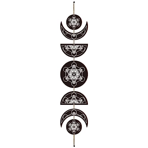 CREATCABIN 7 Stück Mondphasen-Wandbehang Boho-Dekor Holzwandkunst Hexendekor Rustikales Schwarzes Holz Bauernhausschild Dekorativ Für Schlafzimmer Yoga Apartment Bar Wohnzimmer 72.5x16cm Geometrisch von CREATCABIN