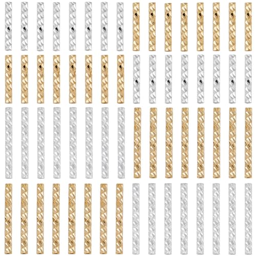 CREATCABIN 80 Stück Röhrenperlen,Lange Nudelperlen,Lose perlen,Gerade Gedrehte Abstandsperlen,18 Karat Gold 925 Sterling-Silber Plattierte Messing-Wellrohrperlen DIY-Schmuckherstellungszubehör,2Größen von CREATCABIN