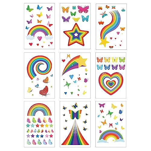 CREATCABIN 9 Blatt Regenbogen-Fensteraufkleber Herz Schmetterling Wolken Stern Fensteraufkleber Wasserdicht Für Glasfenster Türen Treppe Wand Garten Schlafzimmer Klassenzimmer Heimdekoration 30x19.5cm von CREATCABIN