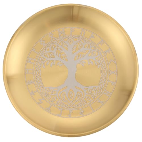 CREATCABIN Altar Ritualteller Mit Lebensbaum Motiv Edelstahl Flache Schale Rund Goldenes Tablett Gebets Opferschale Kerzenhalter Zum Räuchern Räuchergefäß Schmuck Wünschelrutengehen Wahrsagen 14cm von CREATCABIN