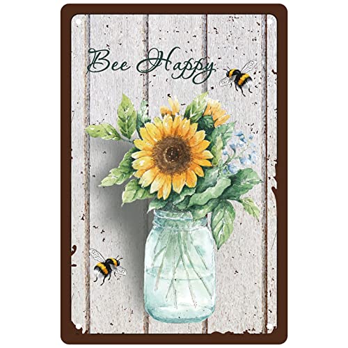 CREATCABIN Bee Happy Metallblechschild Sonnenblume Blechschild Blumenvase Metall Wanddekoration Eisenmalerei Retro Plakette Poster Für Zuhause Schlafzimmer Wohnzimmer Garten Hof Indoor 12 x 8(5) cm von CREATCABIN