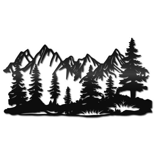 CREATCABIN Berg Und Wald Wandkunst Aus Metall Schwarzes Metall Wandbehang Dekor Baum Hängende Eisenskulptur Außenornament Schild Für Wohnzimmer Zuhause Büro Garten Balkon Dekoration 30x16cm von CREATCABIN