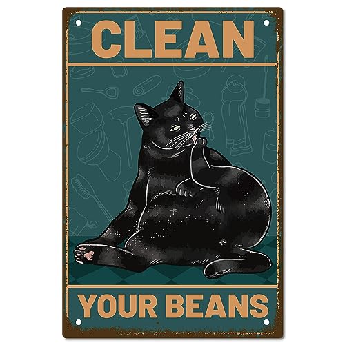 CREATCABIN Black Cat Metall-Blechschild Clean Your Beans Schilder,Vintage-Eisenschild,Malerei,Poster,Plakette,Retro-Wandbild,Zum Aufhängen,Wandkunst,Dekor Für Badezimmer,Cafés,Geschenke,20x30cm von CREATCABIN