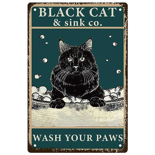 CREATCABIN Black Cat Sink Co. Wash Your Paws Blechschild Katze Metallschilder Vintage Plaketten Galerie Wandschilder Poster Dekor Kunstdruck Hängendes Gemälde Zitaten Für Zuhause Badezimmer 8x12Zoll von CREATCABIN