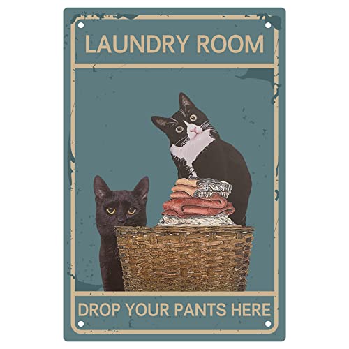 CREATCABIN Blechschild Mit Schwarzen Katzen Waschküche Drop Your Pants Here Lustiges Poster Mit Zitaten Retro-Wanddekoration Zum Aufhängen Für Badezimmer Zuhause Wohnzimmer 20x30cm von CREATCABIN