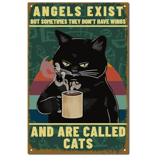 CREATCABIN Engel Katze Kaffee Metall Blechschild Retro Blechschild Poster Wanddekoration Vintage Malerei Plakette Eisenschild Kunstwand Hängende Verzierung Für Café Zuhause Bier Badezimmer 30x20cm von CREATCABIN