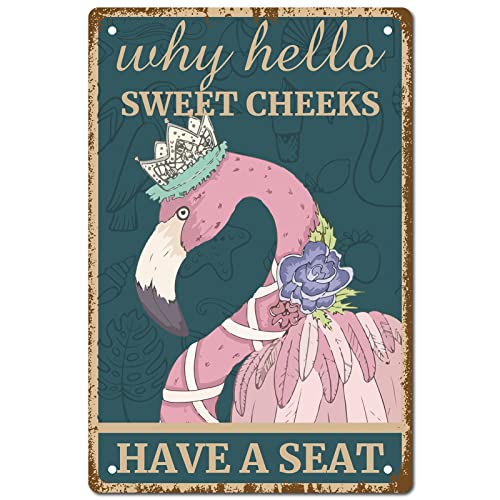 CREATCABIN Flamingo Why Hello Sweet Cheeks Schild Vintage Blechschilder Lustiges Metallblechschild Wandkunst Gartenhaus Plakette Für Badezimmer Küche Café Wand Halloween Weihnachtsdekoration 8x12 Zoll von CREATCABIN