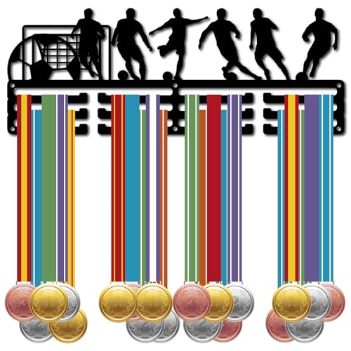 CREATCABIN Fußball-Medaillenhalter,Aufhänger,Schwarzer Metall-Medaillenständer,Organizer,Medaillenständer,Rahmen Mit 12 Haken,3 Reihen Zum Aufhängen Wandaufhänger Für Fußballspieler,40x12cm von CREATCABIN