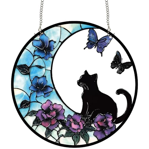 CREATCABIN Katzen-Fenster-Sonnenfänger, gebeiztes Acrylglas, Fensterdekoration, 24,8 cm, runde Platte mit Metallkette, Blume, Schmetterling, Sonnenfänger, Wandkunst für Zuhause, Garten, Halloween CREATCABIN Katzen-Fenster-Sonnenfänger, gebeiztes Acrylglas, Fensterdekoration, 24,8 cm, runde Platte mit Metallkette, Blume, Schmetterling, Sonnenfänger, Wandkunst für Zuhause, Garten, Halloween von CREATCABIN