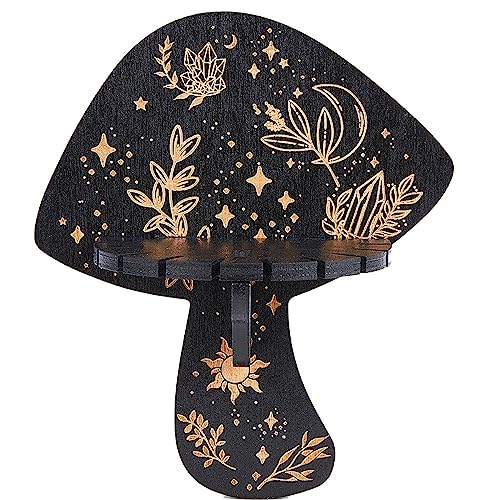 CREATCABIN Kristall-Display-Regal Kristall-Wandregale Pilz Rustikaler Hölzerner Handhalter Schwebende Regale Aufbewahrung Hexensachen Für Steine Edelsteine Meditation Geschenk Schwarz 18x15cm von CREATCABIN