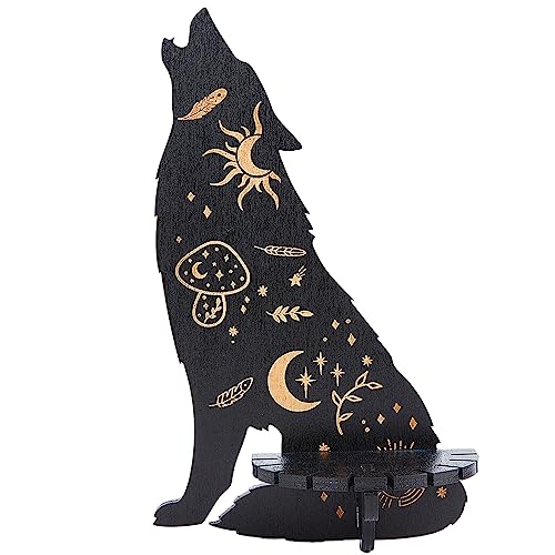 CREATCABIN Kristall Regal Schwebende Holzregale Altar Gothic Wanddekoration Rustikaler Mond Wolf Halter Regal Aufhängen Hexenzubehör Für Kristalle Steine Spirituelles Geschenk Schwarz 25x15cm von CREATCABIN