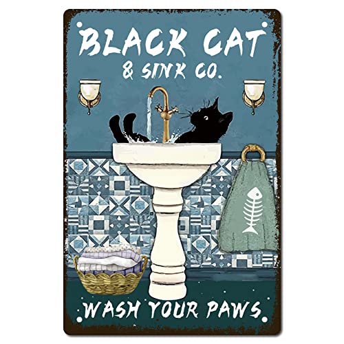 CREATCABIN Lustiges Badezimmer-Retro-Blechschild Metall Schwarze Katze Waschen Sie Ihre Pfoten Vintage-Aluminiumschild Für Zuhause Toilette Küche Kaffee Wanddekoration Frauen Männer Freunde 30x20cm von CREATCABIN