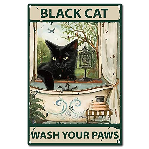 CREATCABIN Lustiges Badezimmer Zitat Metall Blechschild Vintage Schwarze Katze Waschen Sie Ihre Pfoten Zeichen Für Badezimmer Küche Cafe Wanddekoration,20x30cm von CREATCABIN
