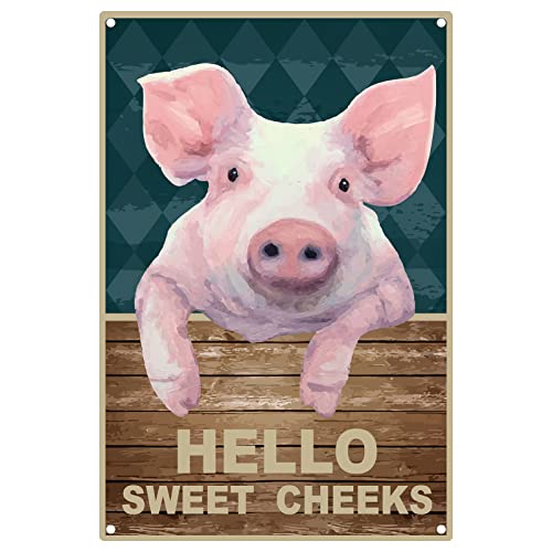 CREATCABIN Lustiges Blechschild Aus Metall „Hello Sweet Cheeks“ Vintage-Schwein Wanddekoration Für Büro Zuhause Badezimmer Toilette Dekoration Geschenke Beste Bauernhaus-Dekoration 12 x 8(5) cm von CREATCABIN