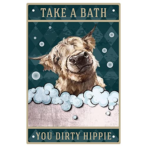 CREATCABIN Lustiges Metall-Blechschild Badezimmer-Kuh Take A Bath You Schmutziges Hippie-Badezimmer-Poster Schilder Mit Zitaten Retro-Wandbehang Dekoration Ornamente Für Zuhause Schlafzimmer 20x30cm von CREATCABIN