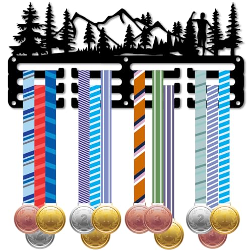 CREATCABIN Medaillenaufhänger Medaillenhalter Gestell Berg Wald Baum Sport Laufen Marathon Metall Aufhängen Auszeichnungen Eisen Kleine Halterung Dekor Für Wandläufer Rennen Schwimmen Schwarz 29x13cm von CREATCABIN