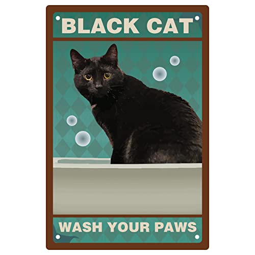 CREATCABIN Metall-Blechschild Lustige Schwarze Katze Waschen Sie Ihre Pfoten Badezimmer-Zitat Vintage-Schild Retro-Poster Wandkunst Dekoration Liebhabergeschenk Für Badezimmer Küche Café 8 x 12(5) cm von CREATCABIN