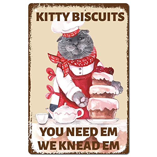 CREATCABIN Metall-Blechschild Mit Katze Kitty Biscuits Lustiges Schild Vintage-Retro-Poster Badezimmer-Zitat Vintage-Schild Für Bauernhof Bauernhaus Zuhause Küche Café Wanddekoration 8 x 12Zoll von CREATCABIN