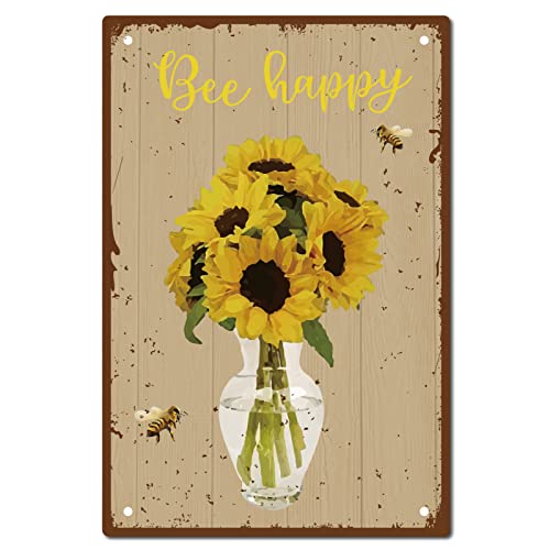 CREATCABIN Metall-Blechschild Sonnenblume Biene Glücklich Lustig Vintage-Poster Mit Zitaten Retro-Blumen Wandbehang Dekoration Für Schlafzimmer Badezimmer Zuhause Wohnzimmer Küche 20x30cm von CREATCABIN