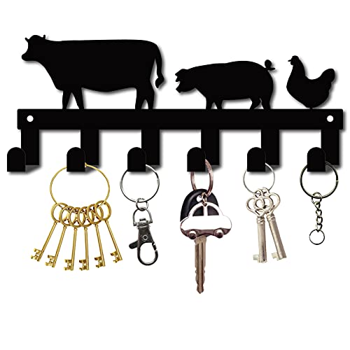 CREATCABIN Metall Schlüsselhalter Schwarz Schlüsselhaken Wandhalterung Aufhänger Dekor Eisen Hängen Organizer Rock Dekorativ Mit 6 Haken Kuh Und Schwein Huhn Haustür Eingang Schrank 10.6 x 4.3 Zoll von CREATCABIN