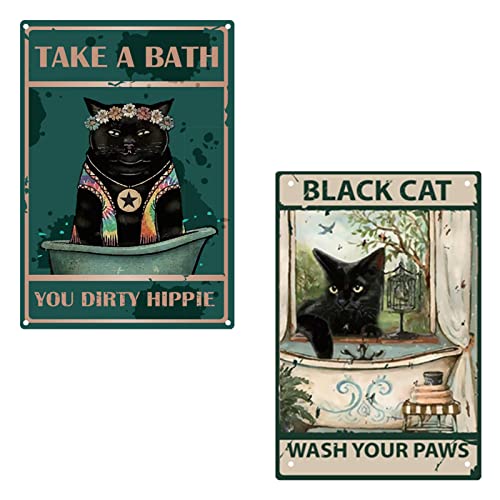 CREATCABIN Metallblechschild Mit Lustigem Badezimmer-Zitat Vintage-Stil Schwarze Katze Waschen Sie Ihre Pfoten Take A Bath You Dirty Hippie Für Badezimmer Küche Café Wanddekoration 8 x 12 Zoll von CREATCABIN