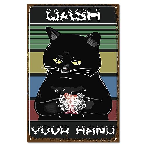 CREATCABIN Metallschild Schwarzer Katze,Bitte Waschen Sie Ihre Hände,Vintage-Blechposter,Badezimmer-Wanddekoration,Retro-Gemälde,Plakette,Kunstwand Aufhängen Für Arzt,Katzenliebhaber,Toilette,Zuhause von CREATCABIN