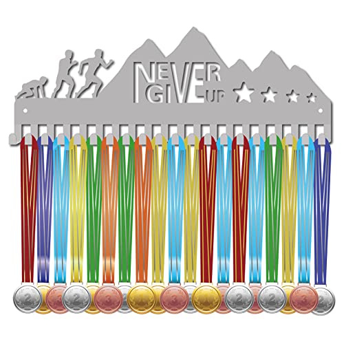 CREATCABIN Never Give Up Medaillenhalter Display Aufhänger Rack Sport Metall Wandhalterung Mit 20 Haken Über 60 Medaillen Für Race Runner Spieler Gymnastik Turner Klettern Silber 40x14.5cm von CREATCABIN