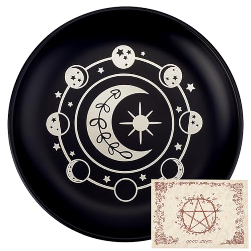 CREATCABIN Phase Moon Star Opferschale Altar Ritualplatte Edelstahl Flache Schale Rundes Tablett Gebetsschale Kerzenhalter Mit Karte Schwarze Schmuckschale Zum Räuchern Räuchergefäß Dekoration 14cm von CREATCABIN