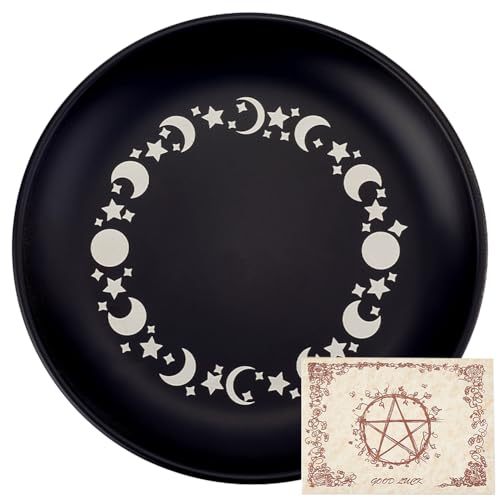 CREATCABIN Phase Moon Star Opferschale Altar Ritualteller Schale Edelstahl Flache Schale Rund Schmucktablett Gebet Tarotteller Schwarzer Ringhalter Schmuckstück Mit Karte Zum Räuchern Dekoration 14cm von CREATCABIN