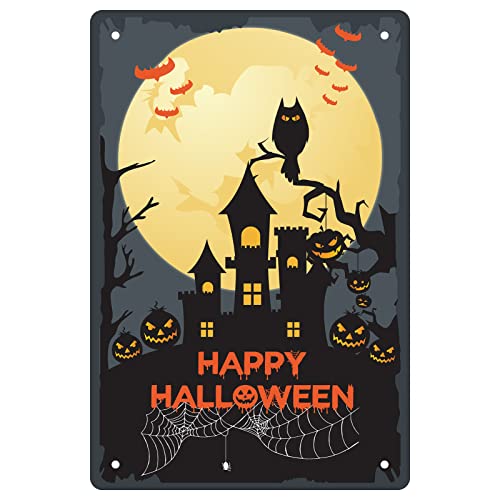 CREATCABIN Retro Blechschild Aus Metall Vintage Happy Halloween Mit Kürbisschild Schloss Willkommen Fledermäuse Geist Hexe Schild Für Zuhause Kaffee Küche Wanddekoration 12 x 8,(5) cm von CREATCABIN