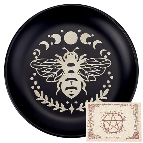 CREATCABIN Ritualteller Mit Bienenphase Mond Altar Flache Schale Rundes Tablett Gebetsschale Opferschale Kerzenhalter Mit Wahrsagekarte Schmuckschale Zum Räuchern Räuchergefäß Meditation Tarot 14cm von CREATCABIN