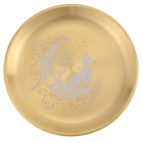 CREATCABIN Ritualteller Mit Mondkatze Altar Edelstahl Flache Schale Rund Goldenes Tablett Gebets Und Opferschale Kerzenhalter Schmuckschale Zum Räuchern Räuchergefäß Meditation Tarot 14cm von CREATCABIN