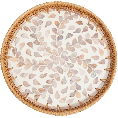 CREATCABIN Rundes Rattantablett Gewebtes Serviertablett Rattan Holzsockel Handgewebter Korb Dekorativer Weidenkorb Organizer Tablett Für Tischdekoration Aufbewahrung Präsentation Frühstück 30x30x2.8cm von CREATCABIN