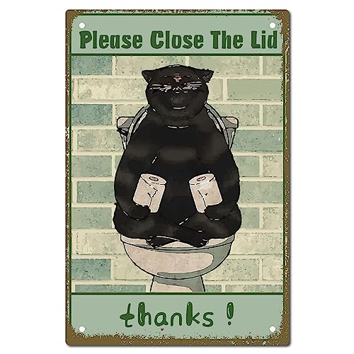 CREATCABIN Schild Mit Schwarzer Katze,Toilettendekoration,Wandkunst,Metallblechschild,Vintage-Retro-Poster,Eisenplaketten,Gemälde Für Toilette,Dekorationen,20x30cm Bitte Schließen Sie Den Deckel von CREATCABIN