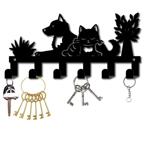 CREATCABIN Schlüsselhalter Für Haustiere Zur Wandmontage Schlüsselbrett Hund Katze Topfpflanzen Design Dekorativ Mit 6Haken Kleiderbügel Aus Eisen Organizer Für Wand Tasche Handtuch Hundeleine 27x13cm von CREATCABIN