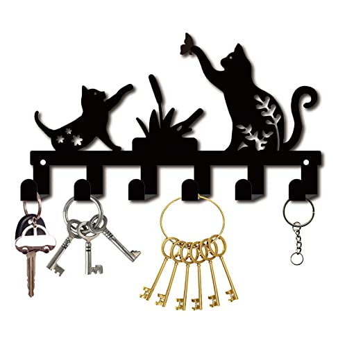 CREATCABIN Schlüsselhalter aus Metall, Schwarz, Schlüsselhaken, Organizer, Kleiderbügel, Wandmontage, dekorativ, mit 6 Haken, Katzen-Schmetterling, für Haustür, Eingang, zum Aufhängen, 27.7x1 cm von CREATCABIN
