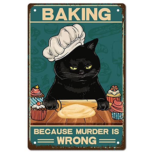 CREATCABIN Schwarze Katze Metallblechschild Backen Weil Murder is Wrong Metallposter Retro Wandbild Aufhängen Eisen Malerei Plakette Lustige Tiere Für Zuhause Küche Badezimmer Wandkunst Dekor 30x20cm von CREATCABIN