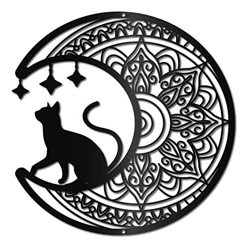 CREATCABIN Schwarze Katze Mond Wandkunst Mandala Metalldekor Wandskulpturen Gotische Dekorative Giebel Zum Aufhängen Ornament Für Zuhause Wohnzimmer Küche Badezimmer Schlafzimmer Einzugsbüro 30 x 30cm von CREATCABIN