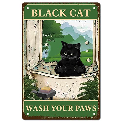 CREATCABIN Schwarze Katze Waschen Sie Ihre Pfoten Metallblechschild Badezimmer Metallposter Wanddekoration Wandbild Eisen Malerei Plakette Lustig Für Zuhause Badezimmer Wandkunst Dekoration 30x20cm von CREATCABIN