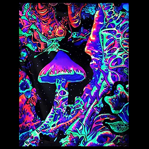 CREATCABIN Schwarzlicht-Pilz-Wandteppich Schwarzlicht-Poster Blume UV-Reaktiv Wandbehang Ästhetisch Trippy Individuell Dunkeln Leuchtend Hippie-Gothic Für Schlafzimmer Wohnzimmer Dekoration 93x73cm von CREATCABIN