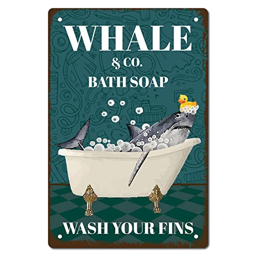 CREATCABIN Shark Wash Your Fins Lustiges Metall-Blechschild Retro-Poster Plaques Mit Zitaten Tiere Badezimmer Retro-Wandbehang Dekoration Für Zuhause Wohnzimmer Hotelkorridor 20x30cm von CREATCABIN