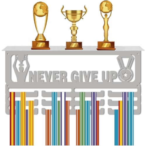 CREATCABIN Sport Medaillenhalter Medaillenständer Eisen Never Give Up Wandhalterung Dekor 3 Linie Separate Haken Rennauszeichnungs Organizer Für Sportler Gewinnergeschenk Bänder Hängedisplay 40x20cm von CREATCABIN