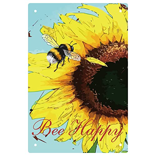 CREATCABIN Sunflower Bee Happy Blechschild Vintage Metallschilder Malerei Retro Metallblechschild Plaque Poster Wandkunst Gartenhaus Plaque Für Badezimmer Küche Café Halloween Weihnachtsdekoration von CREATCABIN