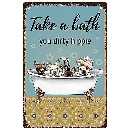 CREATCABIN Take A Bath You Dirty Hippie-Blechschild,Hunde,Metallschilder,Vintage-Plaketten,Retro-Poster,Dekor,Galerie,Wandkunstdruck,Hängendes Gemälde Zitaten Für Zuhause,Badezimmer,Geschenke 8x12Zoll von CREATCABIN