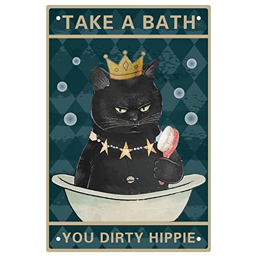 CREATCABIN Take A Bath You Dirty Hippie Blechschild Aus Metall Schwarze Katzen Lustiges Poster Mit Zitaten Badezimmer Vintage-Wanddekoration Zum Aufhängen Für Zuhause Wohnzimmer Café Pub 20x30cm von CREATCABIN