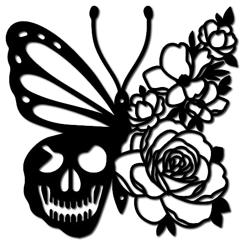 CREATCABIN Totenkopf-Metall-Wandkunst Dekor Schmetterling Blume Schwarze Wandschilder Hängende Metallornament-Skulptur Für Terrasse Balkon Zuhause Wohnzimmer Küche Dekoration Draußen Geschenk 30x30cm von CREATCABIN